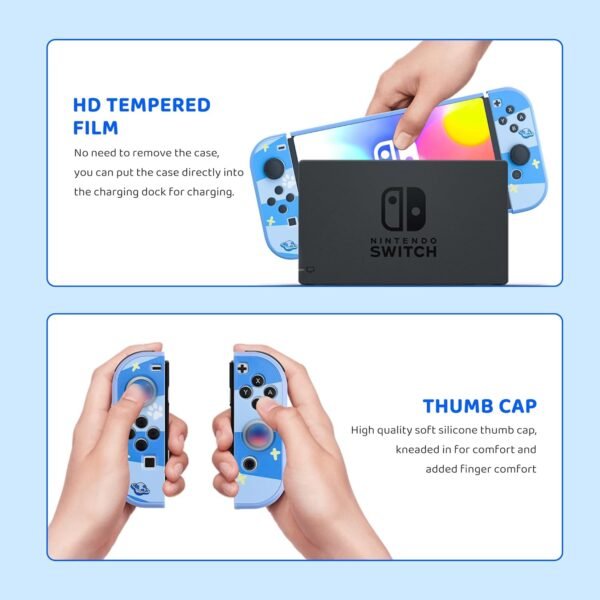 RHOTALL 8 in 1 Cute Travel Carrying Case for Nintendo Switch OLED,Hard Shell Portable Carry Case with 10 Game Card Slots,Protector Cover,Screen Protector,Strap,2 Thumb Caps for Boy Girl Kid -Blue stit - Image 4