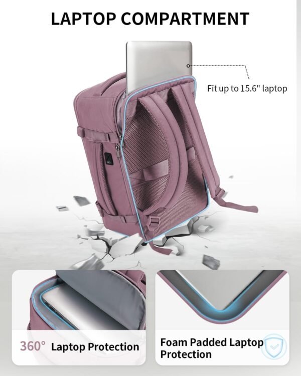 ECOHUB Travel Backpack for Women, Carry on Backpack with USB Charging Hole, Spirit Airlines Personal Item Bag Flight Approved, 15.6 Inch Laptop Backpack with Anti Theft Pockets, 30L, Pink - Image 3