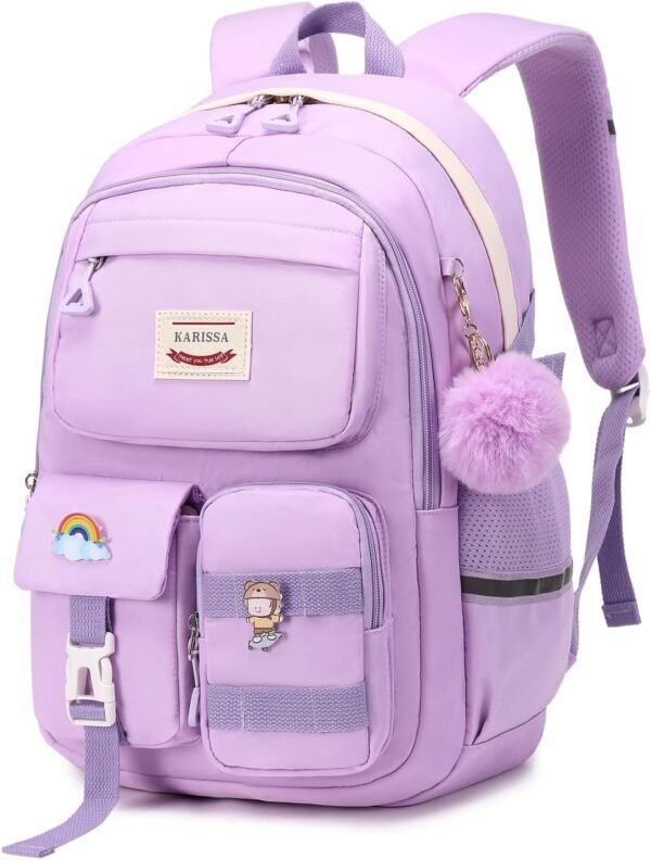 Kawaii Girls Backpack for School, Cute Teenage Multiple Pockets Backpack, Fashion Bookbag for Primary Elementary High School, Purple