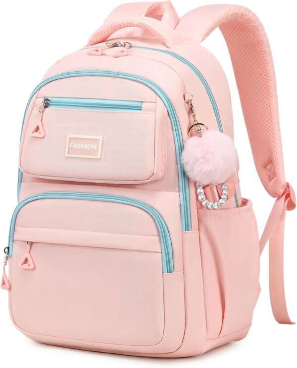 MOONBABY School Backpack for Teen Girls Women Color Matching Multiple Pockets Bookbag for Travel, Work, Pink (with Pom Pom Keychain)