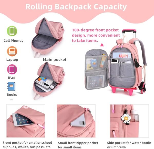 Rolling Backpack,Backpack with Wheels,Kids Roller Backpack for Girls Boys Travel Bag on Wheels Kids Trolley School Bag,Blue - Image 3