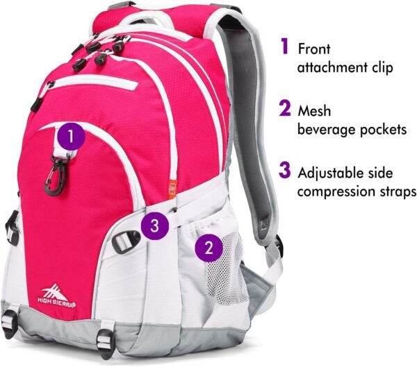 High Sierra Loop Backpack, Travel, or Work Bookbag with tablet sleeve, One Size, Pink Punch/White/Ash - Image 3