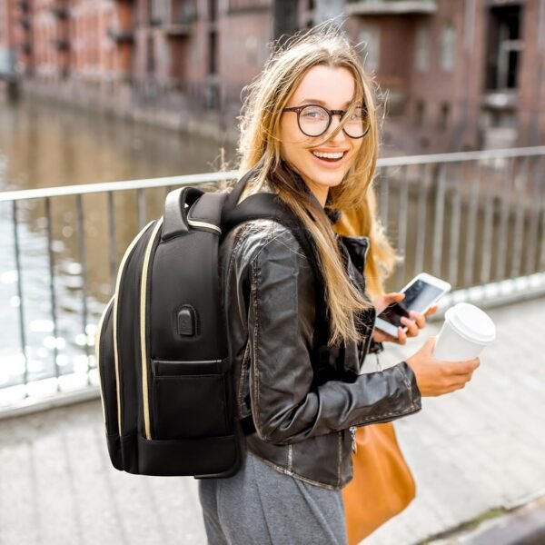 Small Rolling Backpack, Underseat Carry On Luggage For Adults With Wheels, 15.6 Inch Wheeled Backpack for Women, Travel Roller Backpack, Rolling Bag, Black Gold - Image 2