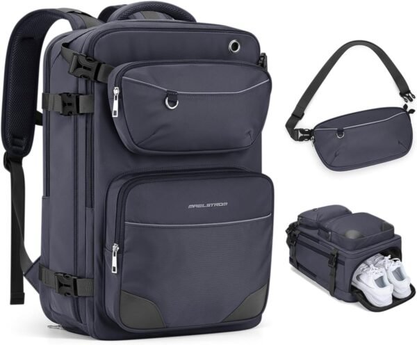 Maelstrom Travel Backpack for Men Women, 35L Carry on Backpack for Traveling on Airplane,with Belt Bag&Shoe Compartment,Waterproof Laptop Backpack fit 17”Laptop-Mystery Grey