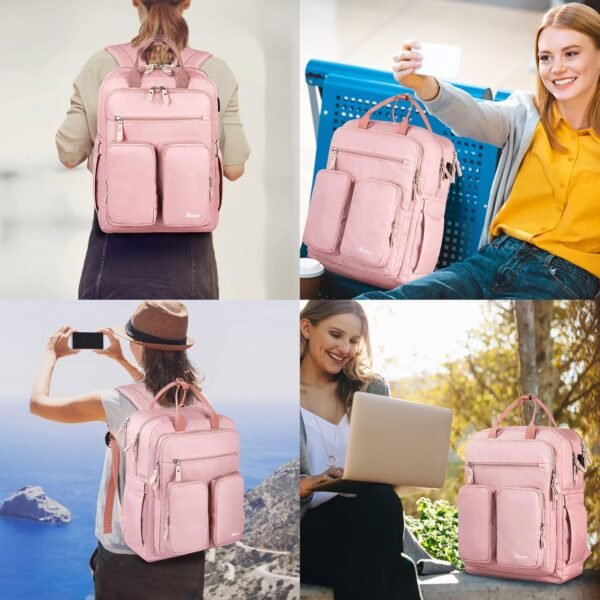 Mancro Travel Backpack for Women, 15.6 Inch Laptop Backpack with USB Charging Port, Waterproof Business Work Backpacks, Fashion College Backpack Gifts for Women, Pink - Image 6