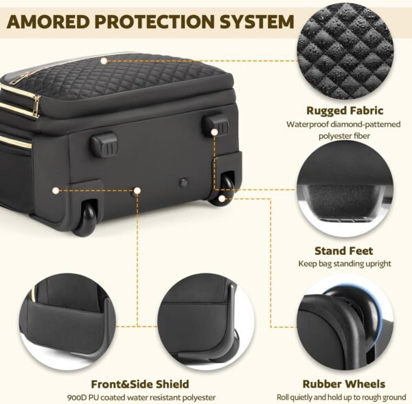 Small Rolling Backpack, Underseat Carry On Luggage For Adults With Wheels, 15.6 Inch Wheeled Backpack for Women, Travel Roller Backpack, Rolling Bag, Black Gold - Image 8