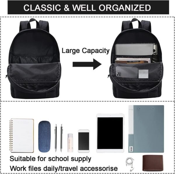 SUPACOOL Lightweight Casual Travel Backpack with USB Charging Port for Men and Women, Laptop Backpack for College School boys and girls, Bookbag, High School Backpack for Teens (Full Black) - Image 3