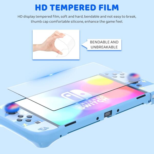 RHOTALL 8 in 1 Cute Travel Carrying Case for Nintendo Switch OLED,Hard Shell Portable Carry Case with 10 Game Card Slots,Protector Cover,Screen Protector,Strap,2 Thumb Caps for Boy Girl Kid -Blue stit - Image 6