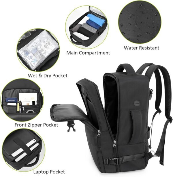 Travel Laptop Backpack, Carry On Backpack for Men Women Airline Approved, Large Waterproof College Business Work Hiking Casual Daypack Bag, Fits 16" Laptop, Black - Image 4