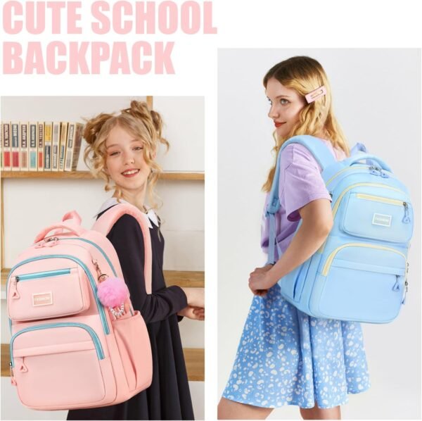 MOONBABY School Backpack for Teen Girls Women Color Matching Multiple Pockets Bookbag for Travel, Work, Pink (with Pom Pom Keychain) - Image 2