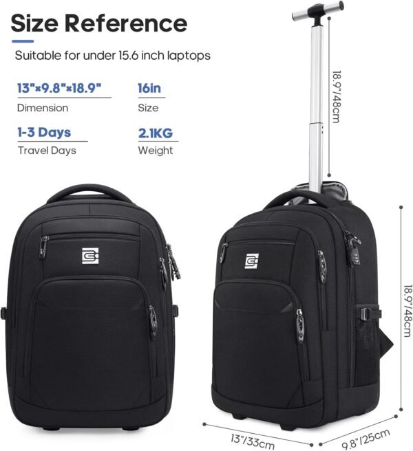 Rolling Backpack,16inch Wheeled Laptop Backpack, Carry on Underseat Bag with Wheels, Overnight Weekender Small Travel Suitcase for Men Women - Image 2