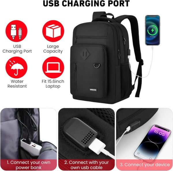 Backpack for Men and Women, Casual School Backpack Teen Boys and Girls Lightweight 15.6 Inch Laptop Bookbag with USB Charger for College Work Travel (Black) - Image 6