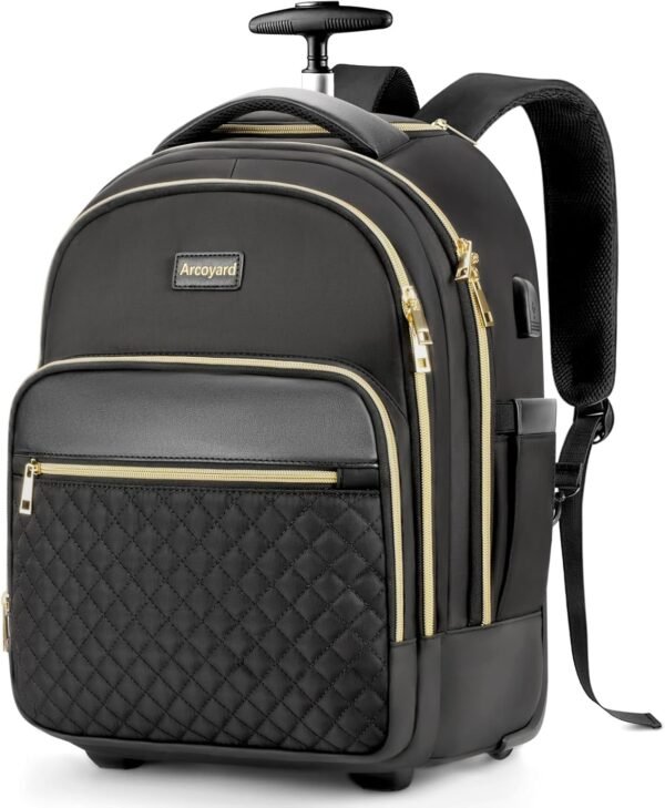 Small Rolling Backpack, Underseat Carry On Luggage For Adults With Wheels, 15.6 Inch Wheeled Backpack for Women, Travel Roller Backpack, Rolling Bag, Black Gold