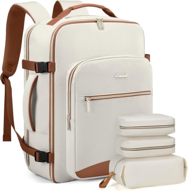 LOVEVOOK Travel Backpack Women, Flight Approved Carry On with 17.3inch Laptop Compartment, Personal Item with 3 Packing Cubes, Perfect for College, Hiking, Overnight - Beige