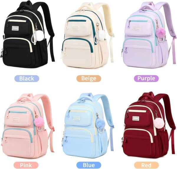 MOONBABY School Backpack for Teen Girls Women Color Matching Multiple Pockets Bookbag for Travel, Work, Pink (with Pom Pom Keychain) - Image 8