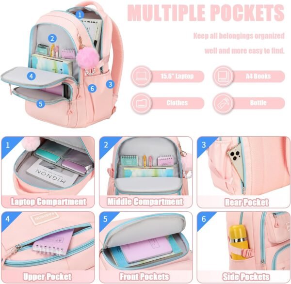 MOONBABY School Backpack for Teen Girls Women Color Matching Multiple Pockets Bookbag for Travel, Work, Pink (with Pom Pom Keychain) - Image 3