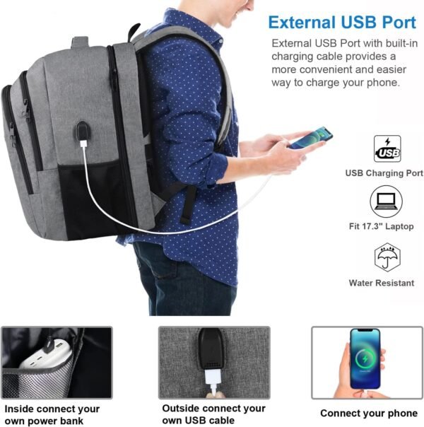 Naukay Carry on Backpack, Travel Laptop Backpack, TSA 17.3 Inch Extra Large Laptop Backpack for Women Men, Water Resistant Business Backpack Backpack with USB Charging Port, Grey - Image 3