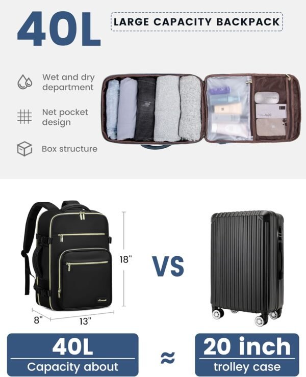 LOVEVOOK Travel Backpack For Women,40L Carry On Backpack Flight Approved,TSA Personal Item Travel Bag Fits 17 Inch Laptop,Business Weekender Overnight Daypack with Toiletry Bag and Cube,Black - Image 4