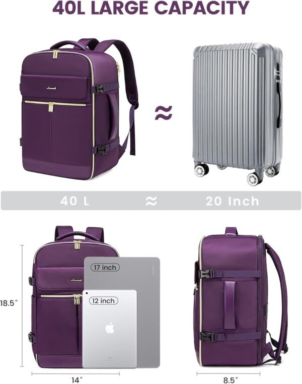 LOVEVOOK Travel Backpack for Women, 40L Large Carry On Backpack Flight Approved, Waterproof Personal Item Travel Bag Fits 17.3'' Laptop,TSA Backpack Suitcase with 3 Packing Cubes - Image 5