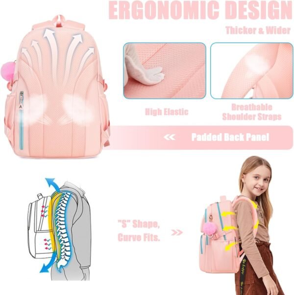 MOONBABY School Backpack for Teen Girls Women Color Matching Multiple Pockets Bookbag for Travel, Work, Pink (with Pom Pom Keychain) - Image 4