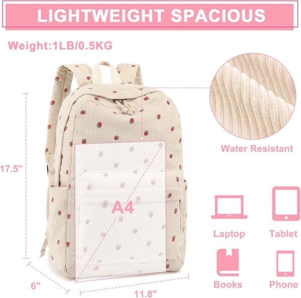 School Backpack for Teen Girls Bookbags Elementary High School Corduroy Laptop Bags Women Travel Daypacks (Strawberry Beige) - Image 4