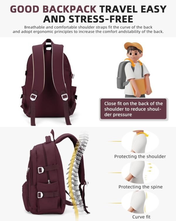 BOXSAM Lightweight Backpack for Women, Large Laptop Travel Backpack Casual Daypack Bag Rucksack for Men.Wine Red - Image 5