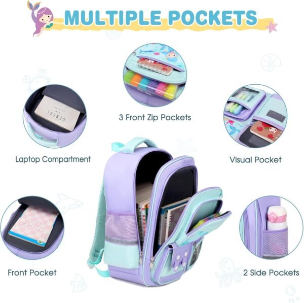 3PCS School Backpack for Girls, Kids Backpack for Girls with Lunch Box Pencil Case, Cute Kawaii Mermaid Backpack for Girls, Schoolbag Bookbag for Kindergarten Elementary Middle High School - Image 3