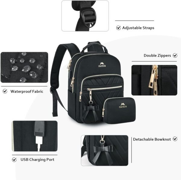 MATEIN Mini Backpack for Women, Waterproof Stylish Daypack Purse Shoulder Bag with USB Charging Port, Lightweight Small Casual Daily Travel Backpack, Lady Girls Gifts for Work School, 2pcs Sets, Black - Image 3