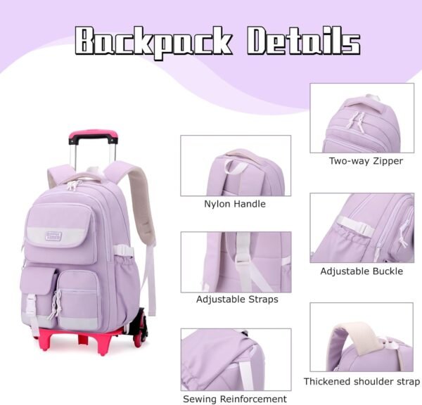 Solid Color Rolling Backpack for Girls Boys Cute Elementary school bag with wheels,Purple Trolley Bags for Travel - Image 4