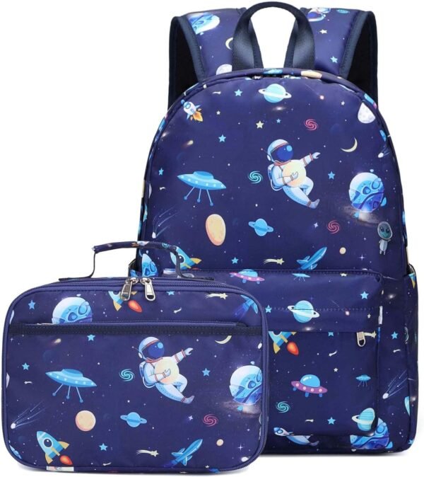 Preschool Backpack for Boys, Kids Backpack with Lunch Box Space Backpack Preschool Kindergarten Daycare Travel Solar Space Bookbag with Chest Buckle (Spaceman-Navy Blue)