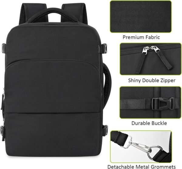 Travel Laptop Backpack, Carry On Backpack for Men Women Airline Approved, Large Waterproof College Business Work Hiking Casual Daypack Bag, Fits 16" Laptop, Black - Image 5