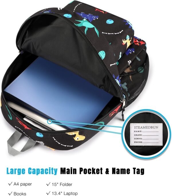 STEAMEDBUN Kids Backpack for Boys 4-8: Boys Backpacks for Elementary School- Dinosaur Backpack - 15 inch Backpack for Kindergarten - Image 3