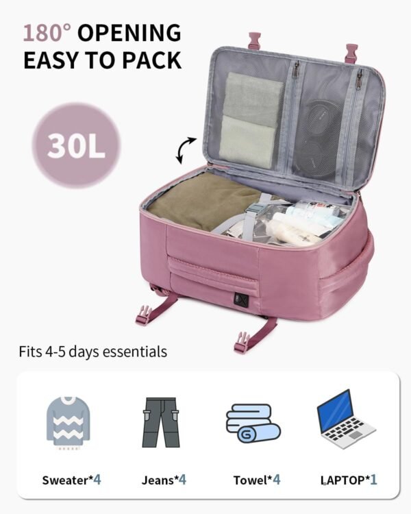 ECOHUB Travel Backpack for Women, Carry on Backpack with USB Charging Hole, Spirit Airlines Personal Item Bag Flight Approved, 15.6 Inch Laptop Backpack with Anti Theft Pockets, 30L, Pink - Image 5