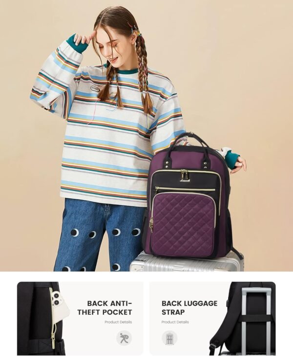 LOVEVOOK Laptop Backpack Purse for Women, 15.6" Laptop Bag for Travel with USB Port, Water Resistant Lightweight Daypacks for College Work Business, Nurse Teacher Computer Bags, Purple Black - Image 7