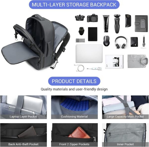 MOLNIA 50L Expandable Travel Backpack for Men Women, Carry On Backpack Airline Approved, Suitcase Backpack with Packing Cubes, Water Resistant Luggage Backpack Daypack Weekender Bag, Black - Image 4