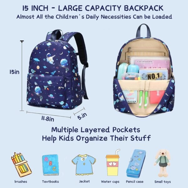 Preschool Backpack for Boys, Kids Backpack with Lunch Box Space Backpack Preschool Kindergarten Daycare Travel Solar Space Bookbag with Chest Buckle (Spaceman-Navy Blue) - Image 3