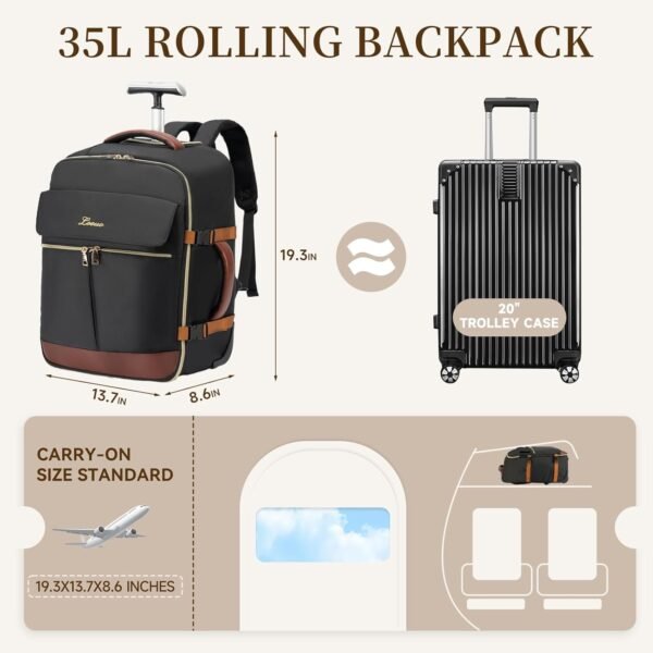 LOUEO Rolling Backpack for Women, Travel Rolling Backpack for Adults with Wheels, 17 Inch Wheeled Backpack Carry on Luggage - Image 3