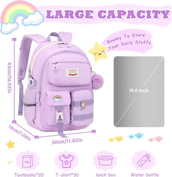 Kawaii Girls Backpack for School, Cute Teenage Multiple Pockets Backpack, Fashion Bookbag for Primary Elementary High School, Purple - Image 2
