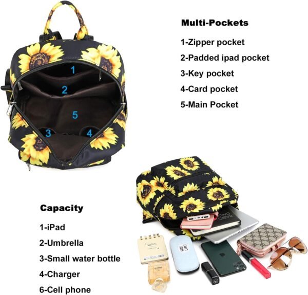LEDAOU Mini Backpack Girls Cute Small Backpack Purse for Women Teens Kids School Travel Shoulder Purse Bag (Black Sunflower, 1 Pcs) - Image 3