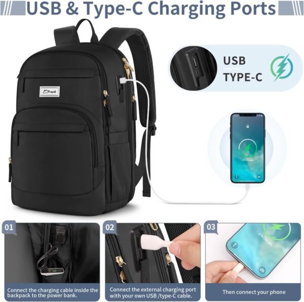 ETRONIK Travel Backpack for Women, 15.6 Inch Anti Theft Laptop Backpack with USB A & C Charging Port, Water Resistant Work Backpack, Computer Backpacks for Nurse, Teacher, College, School, Black - Image 2