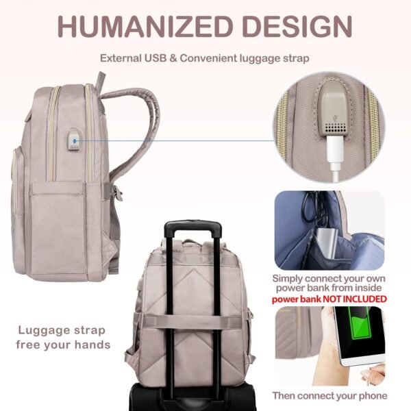 VANKEAN 15.6 Inch Laptop Backpack for Women Work Bag Fashion with USB Port, Waterproof Stylish Travel Bags Casual Daypacks for College, Business, Light Dusty Pink - Image 3