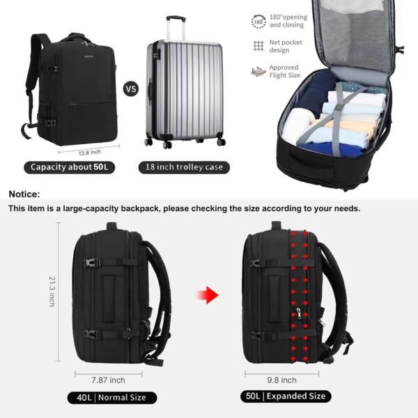 MOLNIA 50L Expandable Travel Backpack for Men Women, Carry On Backpack Airline Approved, Suitcase Backpack with Packing Cubes, Water Resistant Luggage Backpack Daypack Weekender Bag, Black - Image 2