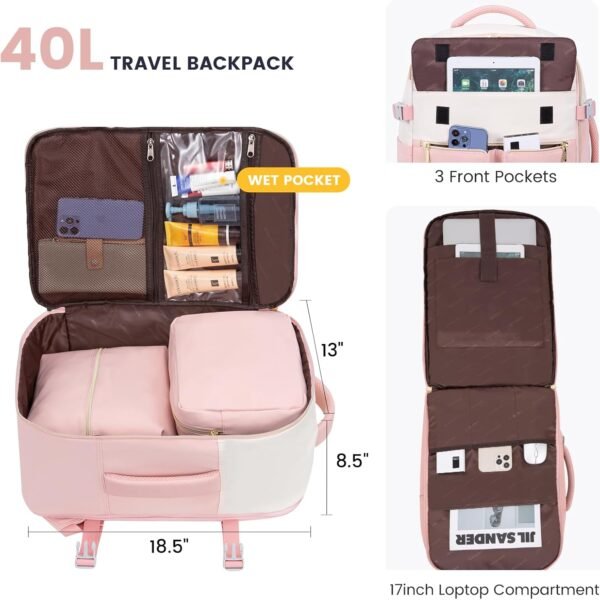 LOVEVOOK Travel Backpack, Carry On Backpack for Women, 40L Flight Approved Personal Item Backpack, Large Water Resistant Luggage Daypack with 3 Packing Cubes, fits 17inch Laptop, Beige-Pink - Image 2