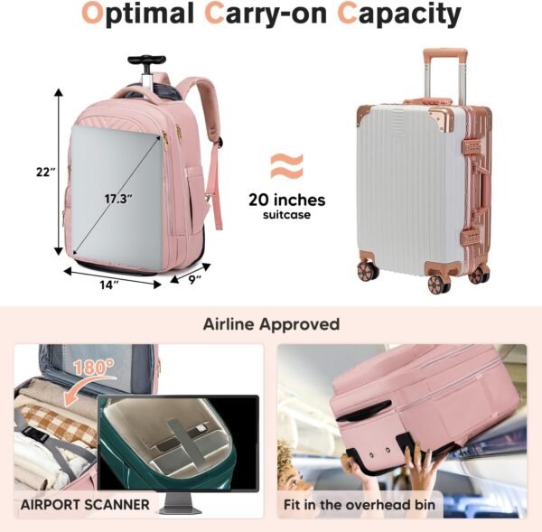 Rolling Backpack for Women Adults with wheels, Travel Backpack Carry on Luggage 22x14x9 Airline Approved, 17.3 Inch Laptop Backpack Bag with Wheels, Large Wheeled Backpack for Travel Work Business - Image 5