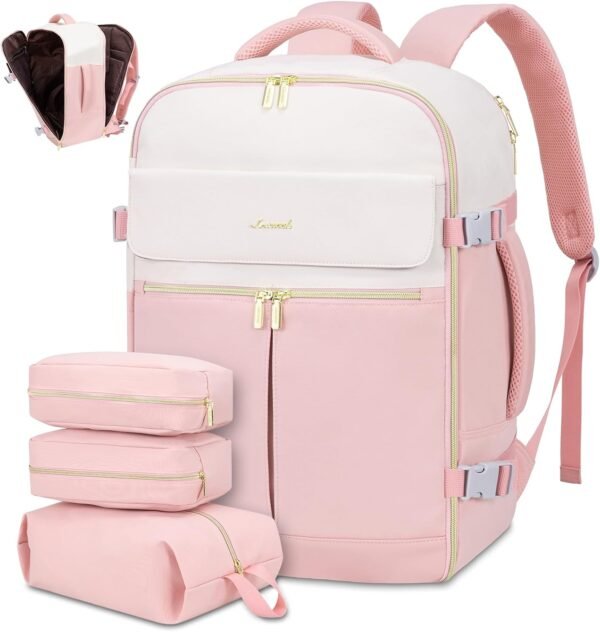 LOVEVOOK Travel Backpack, Carry On Backpack for Women, 40L Flight Approved Personal Item Backpack, Large Water Resistant Luggage Daypack with 3 Packing Cubes, fits 17inch Laptop, Beige-Pink