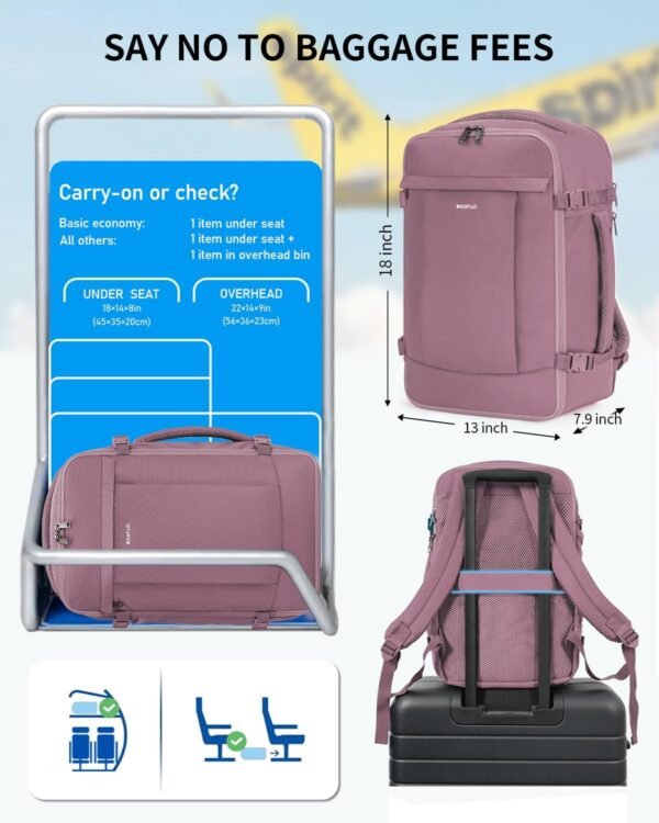 ECOHUB Travel Backpack for Women, Carry on Backpack with USB Charging Hole, Spirit Airlines Personal Item Bag Flight Approved, 15.6 Inch Laptop Backpack with Anti Theft Pockets, 30L, Pink - Image 2