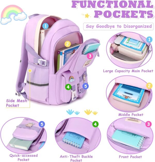 Kawaii Girls Backpack for School, Cute Teenage Multiple Pockets Backpack, Fashion Bookbag for Primary Elementary High School, Purple - Image 4