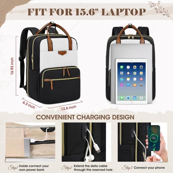 RAINSMORE Backpack for Women, 15.6 Inch Laptop Travel Backpack College Computer Backpack Teacher Nurse Work Backpack Waterproof Casual Daypack Bookbag Purse Backpack for Office Travel, White-Black - Image 4