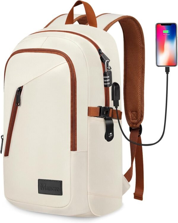 Mancro 15.6 inch Laptop Backpack with USB Charging Port, Lightweight Travel Backpack with Laptop Compartment, Anti Theft Computer Daypack Work Nurse Bag Gift for Women, Beige