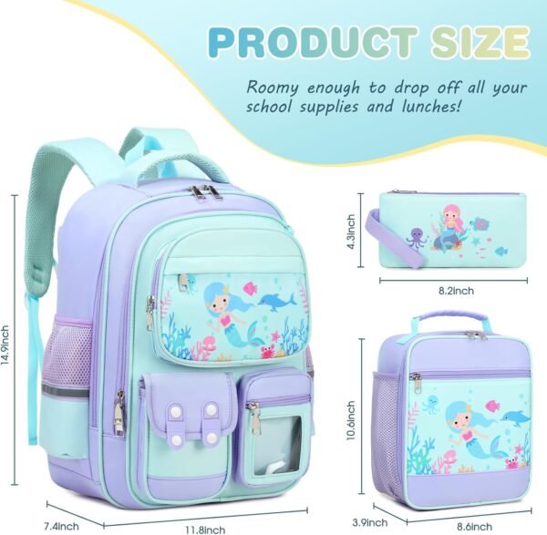 3PCS School Backpack for Girls, Kids Backpack for Girls with Lunch Box Pencil Case, Cute Kawaii Mermaid Backpack for Girls, Schoolbag Bookbag for Kindergarten Elementary Middle High School - Image 2